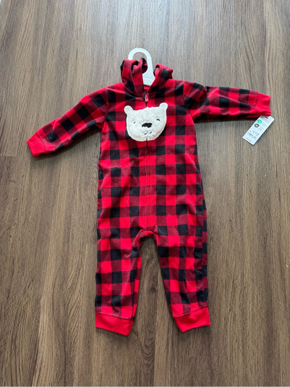 Carter’s Red and Black Buffalo Plaid Kids One-Piece with Bear Applique